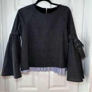 SEA NEW YORK Blouse Top Mixed Media Wool Plaid Cotton Stripe Bell Sleeve Sz M